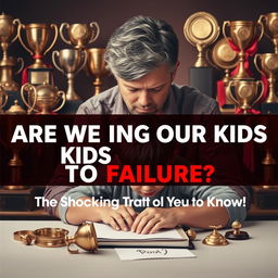 A realistic depiction of a concerned parent watching their child struggle with homework, surrounded by shining trophies and awards that represent overprotection