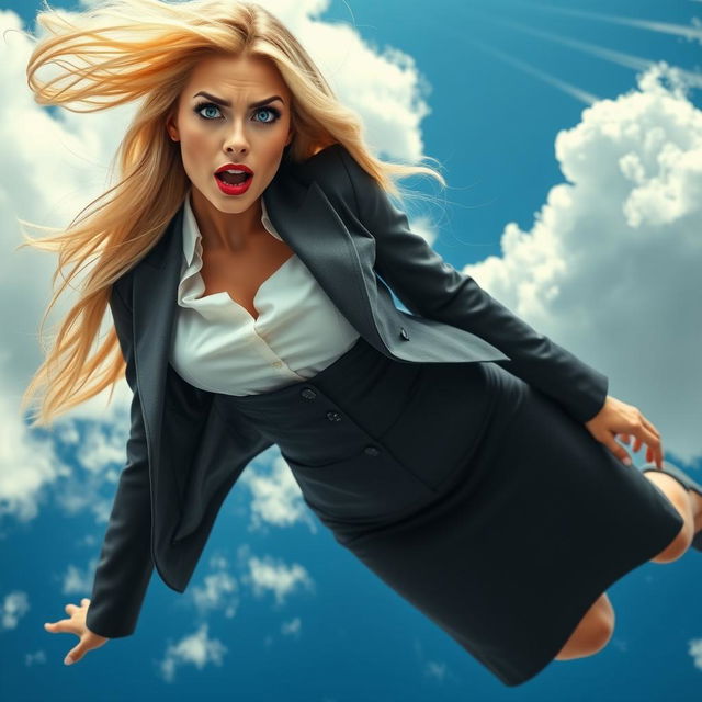 A sexy blonde office woman with striking blue eyes and red lips, falling from the sky