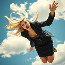 A sexy blonde office woman with striking blue eyes and red lips, falling from the sky