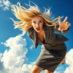 A sexy blonde office woman with striking blue eyes and red lips, falling from the sky