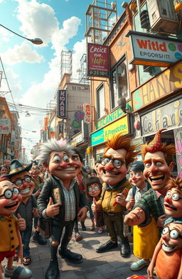 A whimsical scene filled with chaotic energy, showcasing a vibrant city street bustling with unique, obnoxious characters