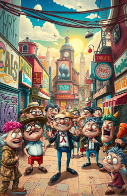 A whimsical scene filled with chaotic energy, showcasing a vibrant city street bustling with unique, obnoxious characters