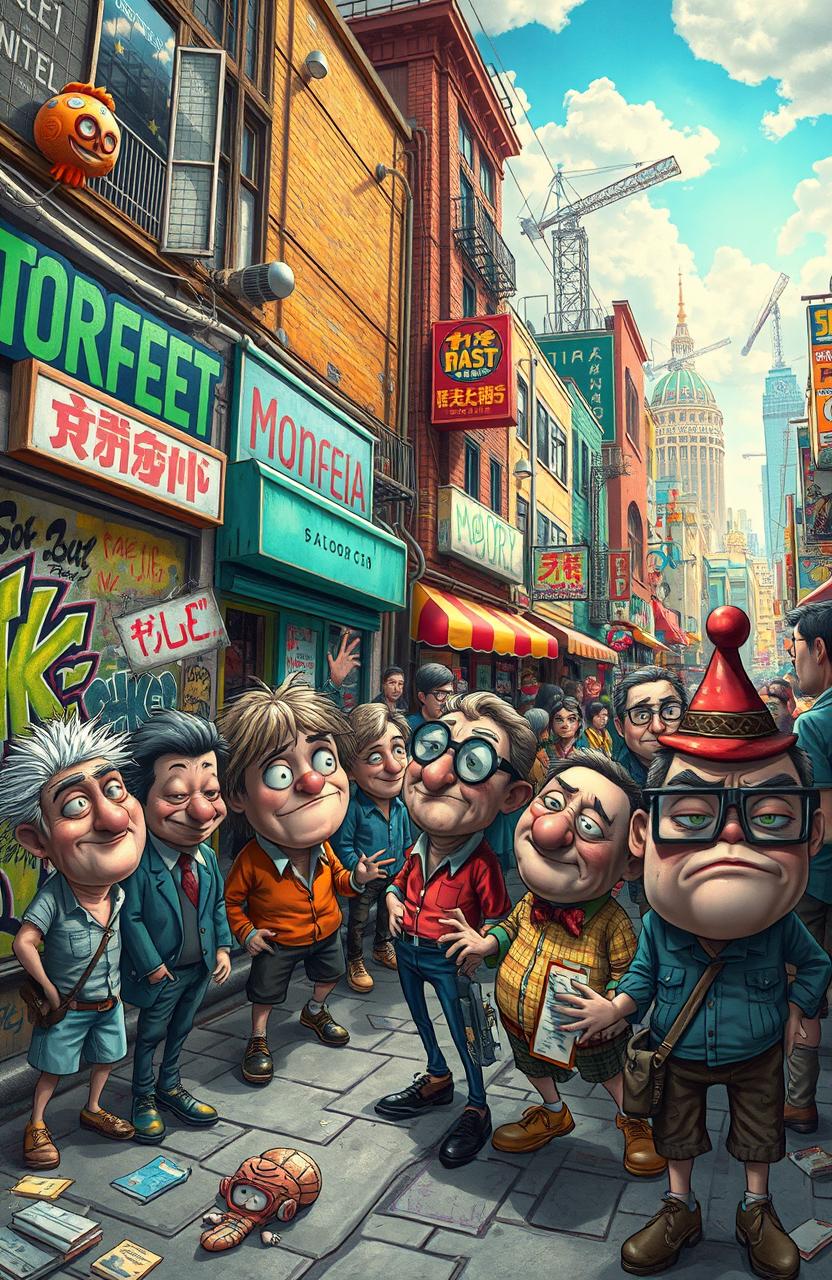 A whimsical scene filled with chaotic energy, showcasing a vibrant city street bustling with unique, obnoxious characters