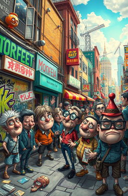 A whimsical scene filled with chaotic energy, showcasing a vibrant city street bustling with unique, obnoxious characters