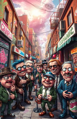 A whimsical scene filled with chaotic energy, showcasing a vibrant city street bustling with unique, obnoxious characters