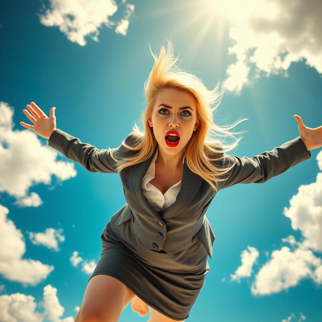 A sexy blonde office woman with striking blue eyes and vibrant red lips, falling from the sky with a scared expression