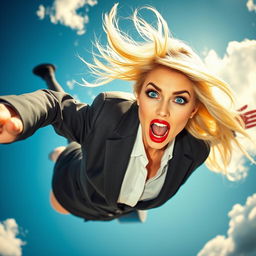 A sexy blonde office woman with striking blue eyes and vibrant red lips, falling from the sky with a scared expression