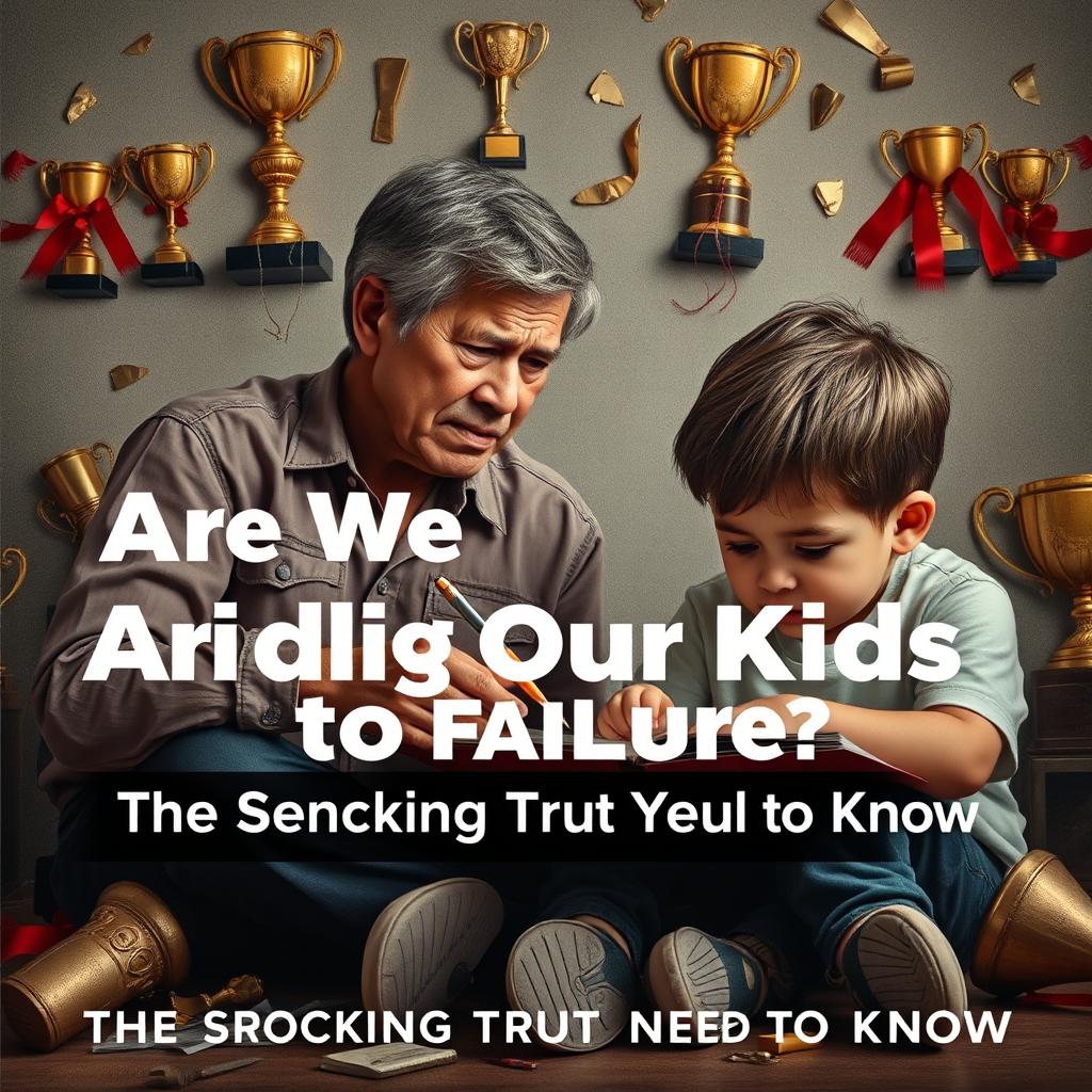 A realistic depiction of a concerned parent watching their child struggle with homework, looking pensive and worried, while surrounded by trophies and awards that symbolize overprotection