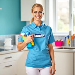 A stylish blonde woman in her 30s wearing a sky blue cleaning uniform featuring a prominent boxer logo