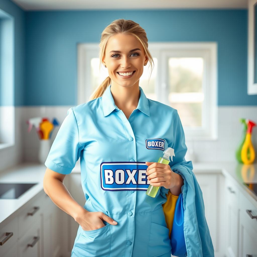 A stylish blonde woman in her 30s wearing a sky blue cleaning uniform featuring a prominent boxer logo