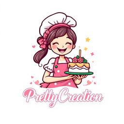A whimsical and vibrant logo design featuring a cheerful girl chef with a playful expression, wearing a traditional chef's hat and a colorful apron