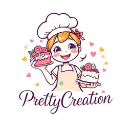 A whimsical and vibrant logo design featuring a cheerful girl chef with a playful expression, wearing a traditional chef's hat and a colorful apron