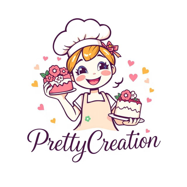 A whimsical and vibrant logo design featuring a cheerful girl chef with a playful expression, wearing a traditional chef's hat and a colorful apron