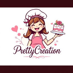 A whimsical and vibrant logo design featuring a cheerful girl chef with a playful expression, wearing a traditional chef's hat and a colorful apron