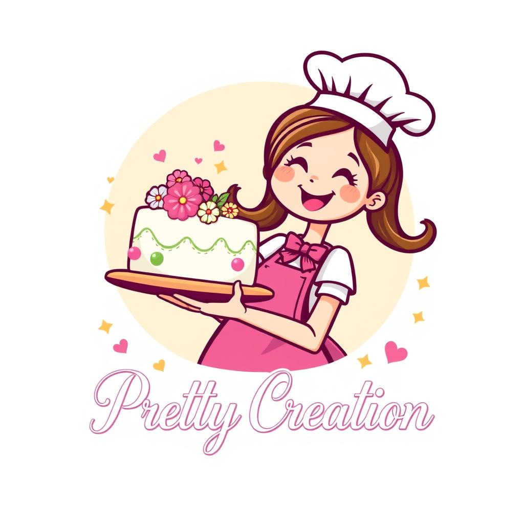 A whimsical and vibrant logo design featuring a cheerful girl chef with a playful expression, wearing a traditional chef's hat and a colorful apron