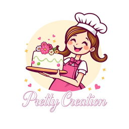 A whimsical and vibrant logo design featuring a cheerful girl chef with a playful expression, wearing a traditional chef's hat and a colorful apron