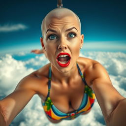 A sexy bald office woman wearing a bikini, showcasing striking blue eyes and vibrant red lips, falling from the sky with a scared expression on her face