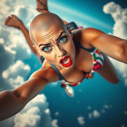 A sexy bald office woman wearing a bikini, showcasing striking blue eyes and vibrant red lips, falling from the sky with a scared expression on her face