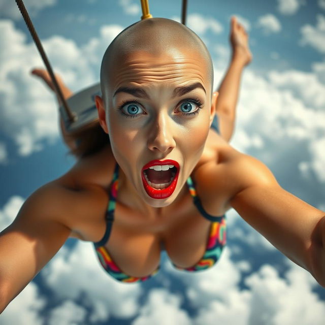 A sexy bald office woman wearing a bikini, showcasing striking blue eyes and vibrant red lips, falling from the sky with a scared expression on her face