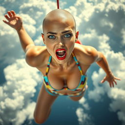 A sexy bald office woman wearing a bikini, showcasing striking blue eyes and vibrant red lips, falling from the sky with a scared expression on her face