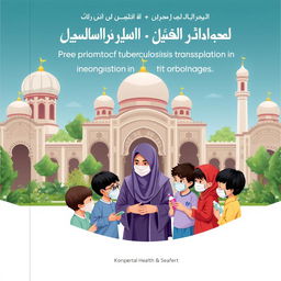 A book cover design for the prevention of tuberculosis transmission in Islamic orphanages, showcasing a harmonious and educational environment
