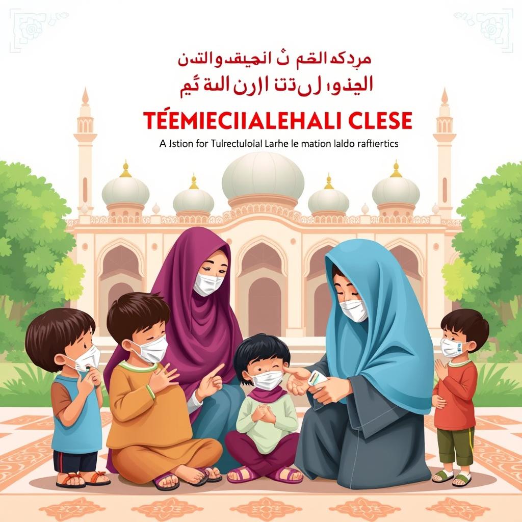 A book cover design for the prevention of tuberculosis transmission in Islamic orphanages, showcasing a harmonious and educational environment