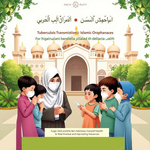 A book cover design for the prevention of tuberculosis transmission in Islamic orphanages, showcasing a harmonious and educational environment