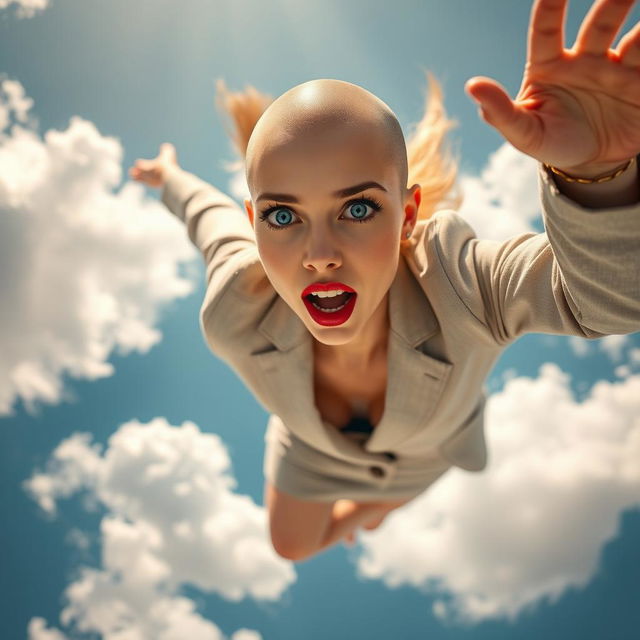 A sexy bald office woman with striking blue eyes and vibrant red lips is falling gracefully from the sky