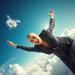 A sexy bald office woman with striking blue eyes and vibrant red lips is falling gracefully from the sky
