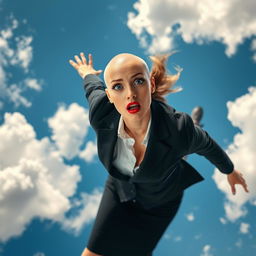 A sexy bald office woman with striking blue eyes and vibrant red lips is falling gracefully from the sky
