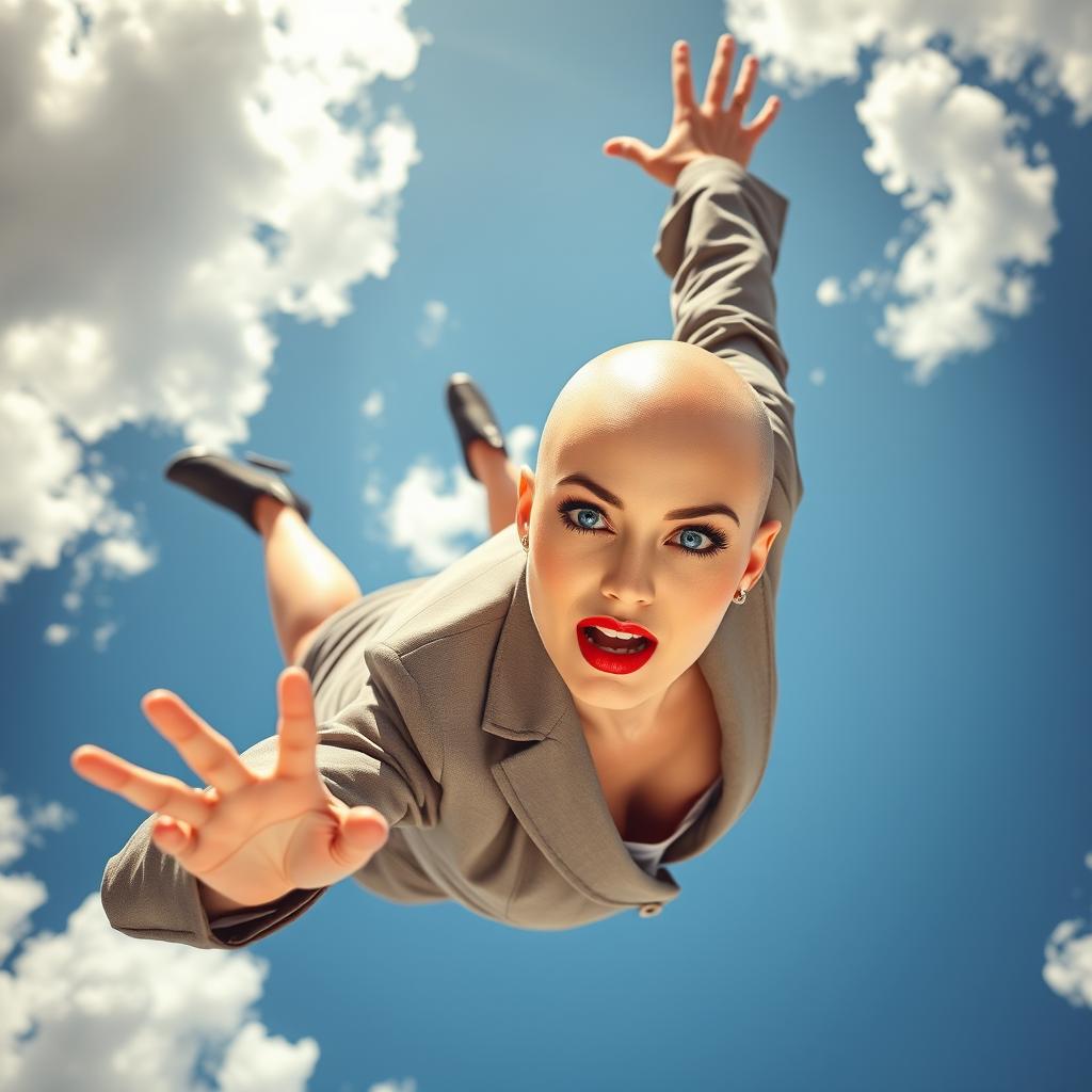 A sexy bald office woman with striking blue eyes and vibrant red lips is falling gracefully from the sky