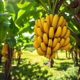 A vibrant scene of a banana orchard, showcasing ripe yellow bananas hanging from lush green leaves