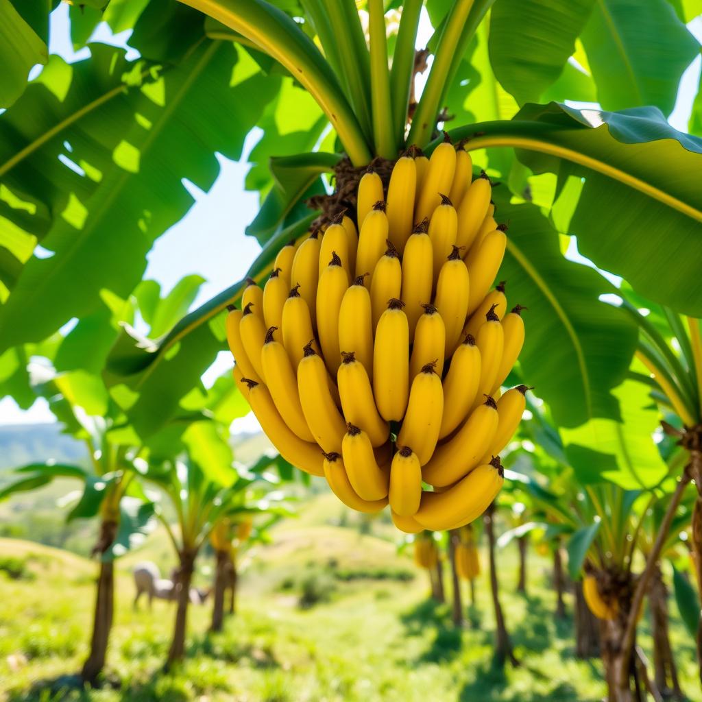 A vibrant scene of a banana orchard, showcasing ripe yellow bananas hanging from lush green leaves