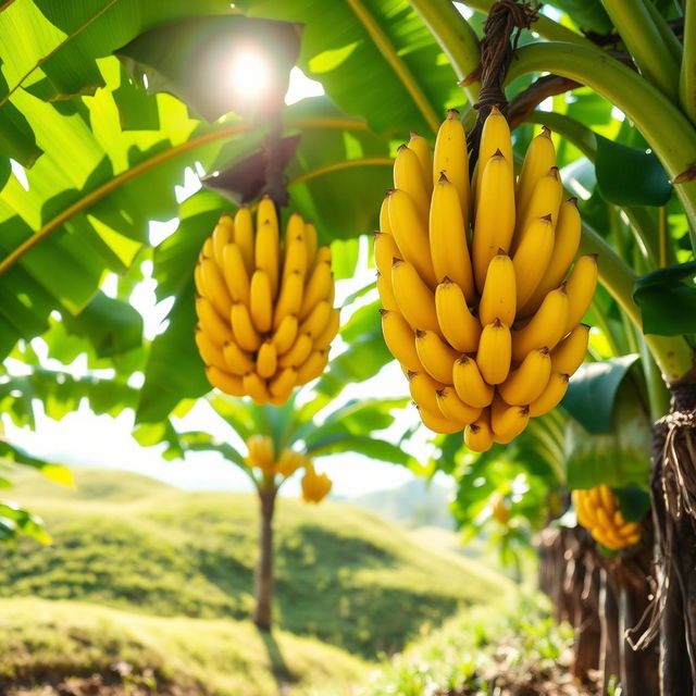 A vibrant scene of a banana orchard, showcasing ripe yellow bananas hanging from lush green leaves