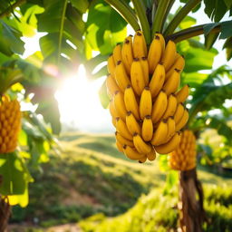 A vibrant scene of a banana orchard, showcasing ripe yellow bananas hanging from lush green leaves