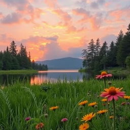 A serene landscape with a beautiful sunset casting warm orange and pink hues over a calm lake