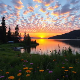 A serene landscape with a beautiful sunset casting warm orange and pink hues over a calm lake