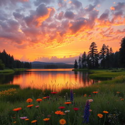 A serene landscape with a beautiful sunset casting warm orange and pink hues over a calm lake