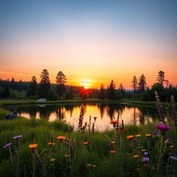 A serene landscape with a beautiful sunset casting warm orange and pink hues over a calm lake