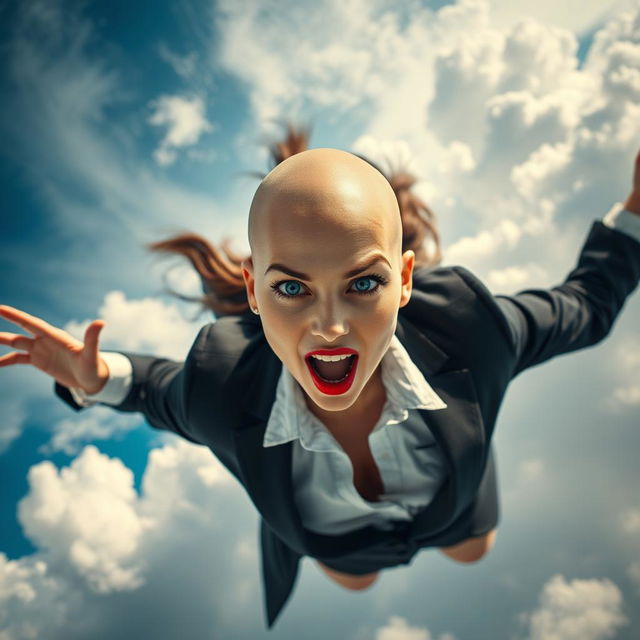 A stunning, sexy bald office woman with striking blue eyes and bright red lips, gracefully falling from the sky