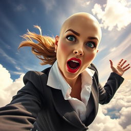 A stunning, sexy bald office woman with striking blue eyes and bright red lips, gracefully falling from the sky