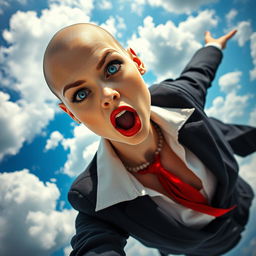 A stunning, sexy bald office woman with striking blue eyes and bright red lips, gracefully falling from the sky