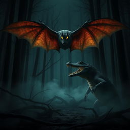 A dark, misty forest at night setting, featuring a massive bat with glowing, sharp eyes and a fierce crocodile with equally glowing eyes, standing face-to-face in a tense standoff