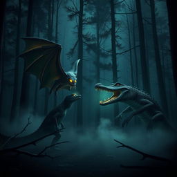 A dark, misty forest at night setting, featuring a massive bat with glowing, sharp eyes and a fierce crocodile with equally glowing eyes, standing face-to-face in a tense standoff