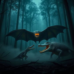 A dark, misty forest at night setting, featuring a massive bat with glowing, sharp eyes and a fierce crocodile with equally glowing eyes, standing face-to-face in a tense standoff
