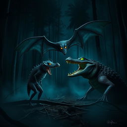 A dark, misty forest at night setting, featuring a massive bat with glowing, sharp eyes and a fierce crocodile with equally glowing eyes, standing face-to-face in a tense standoff