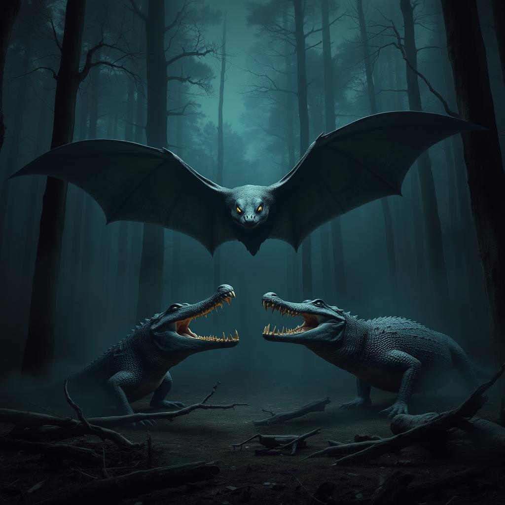 A dark, misty forest at night showcasing a terrifying scene where a massive bat with glowing, sharp eyes and a fierce crocodile with equally glowing eyes are standing face-to-face in a dramatic standoff