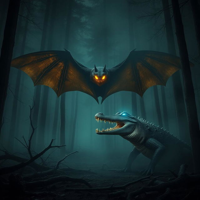 A dark, misty forest at night showcasing a terrifying scene where a massive bat with glowing, sharp eyes and a fierce crocodile with equally glowing eyes are standing face-to-face in a dramatic standoff