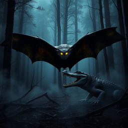 A dark, misty forest at night showcasing a terrifying scene where a massive bat with glowing, sharp eyes and a fierce crocodile with equally glowing eyes are standing face-to-face in a dramatic standoff