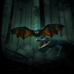 A dark, misty forest at night with an atmosphere of fear and suspense